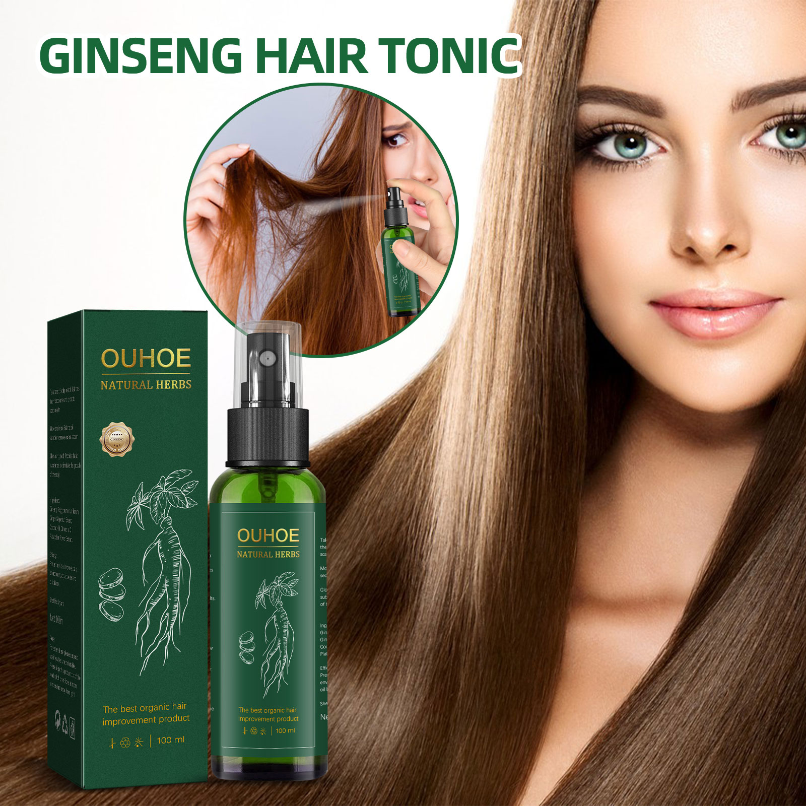 Nutrition And Fitness - Semprotan perawatan rambut Ginseng Herbal alami,